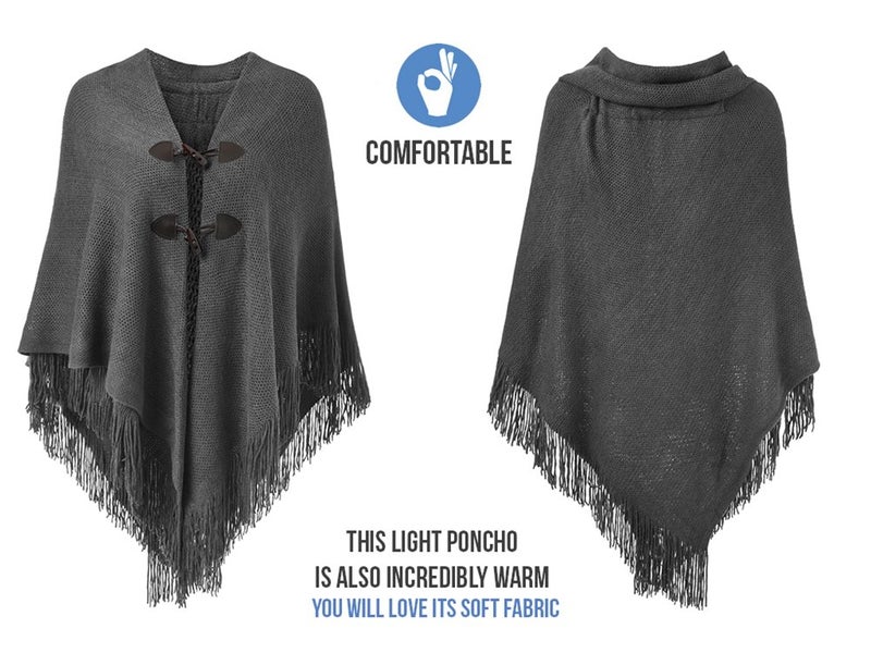 Ferand Shawl Wraps for Women â€“ Toggle Closure, Elegant Fringe Shawl for Travel, Work, or Casual Outfits, Perfect for Fall Layering, Dark grey - Image 3